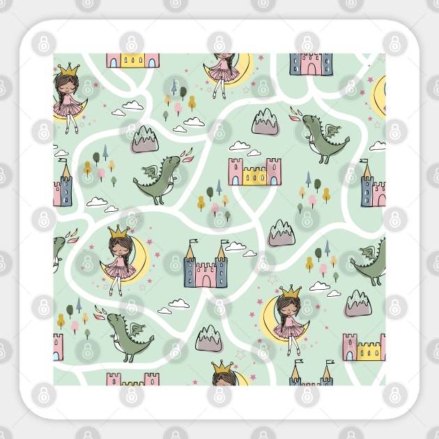 Childish seamless pattern with princess and dragon green background Sticker by Arch4Design